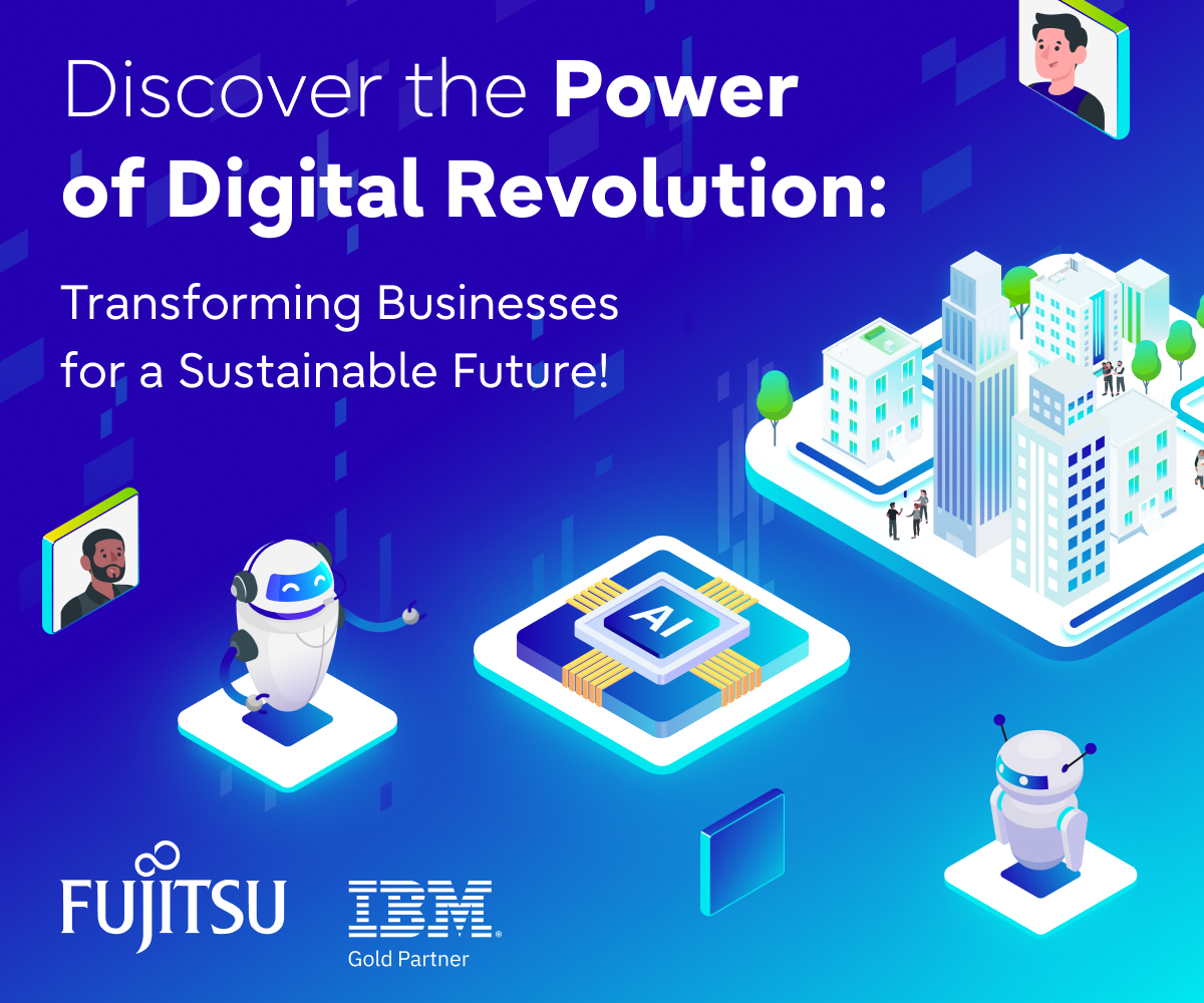 Illustration symbolizing digital revolution for sustainable business, featuring Fujitsu and IBM logos