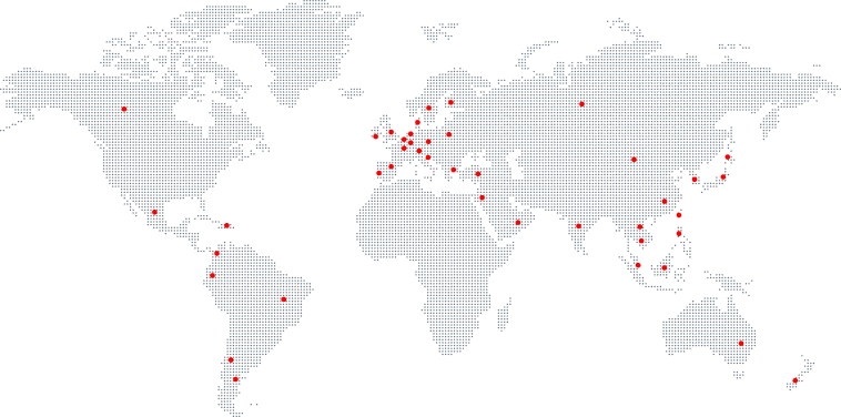 World map with red points indicating Fujitsu offices worldwide
